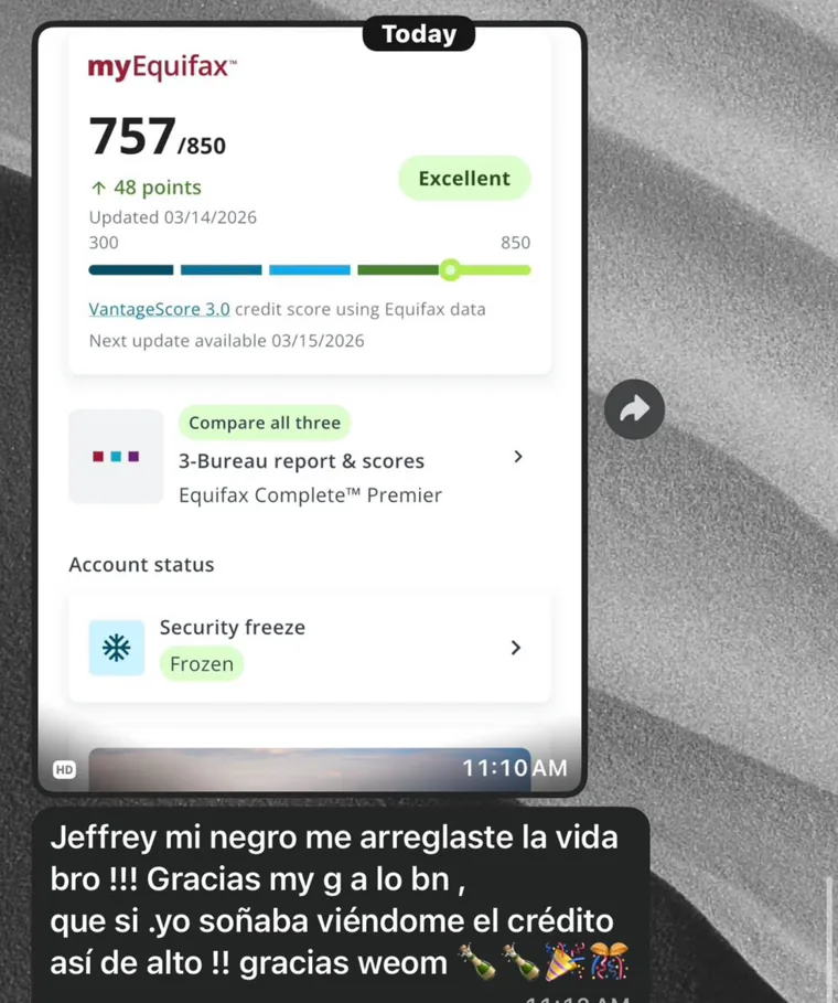Screenshot of a conversation where a client shares their credit profile and thanks the team for the support.