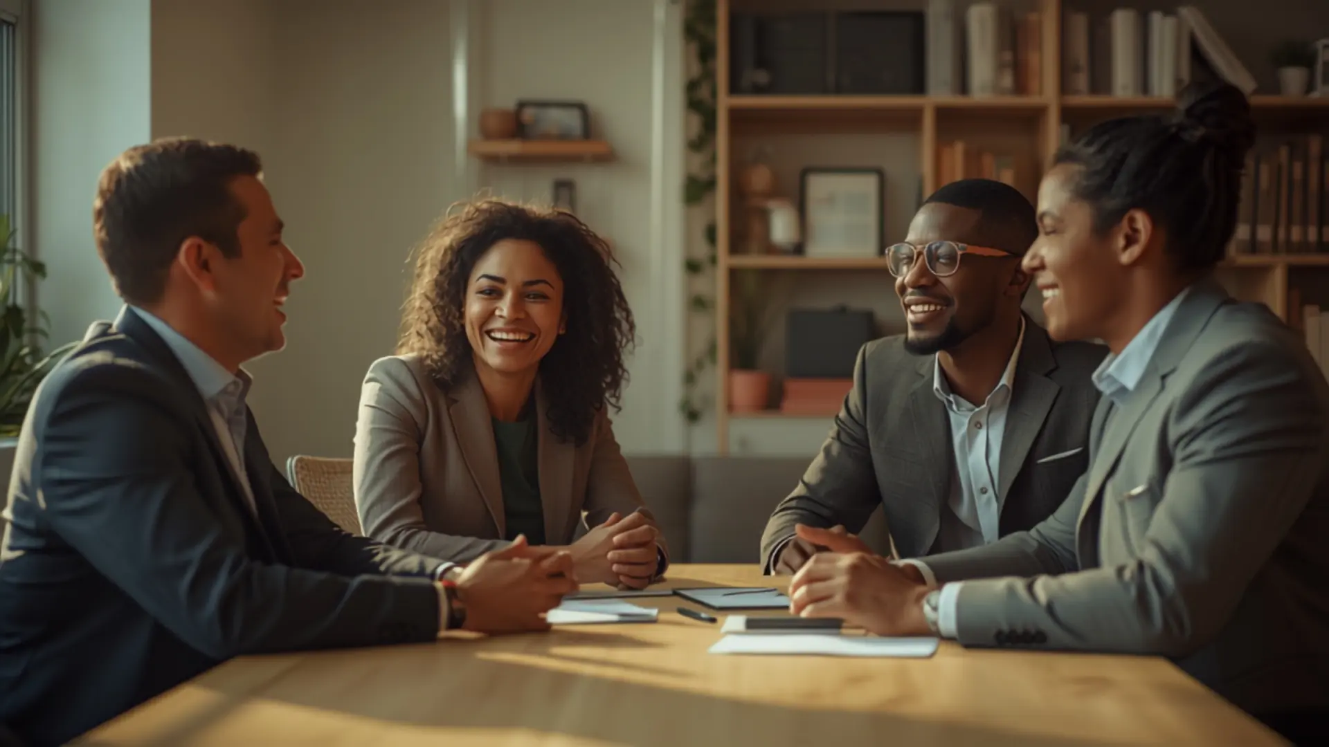 Four professionals talking around a table in a consulting office.